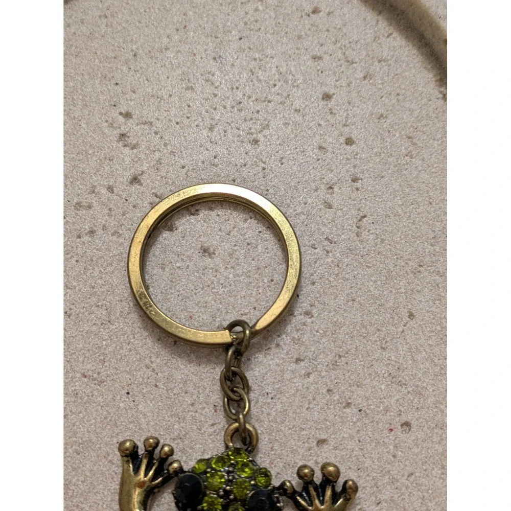 Frog Rhinestone Handbag Charm Keychain Chunky Statement Green & Gold Tone